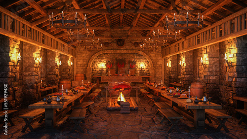Valokuva Ancient medieval dining hall with meat roasting over an open fire