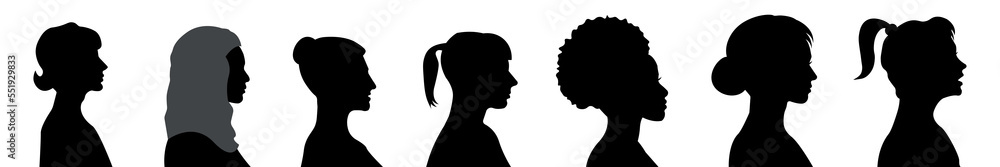Diversity woman silhouettes. Different races and religion. Side view of the face. Isolated vector illustration