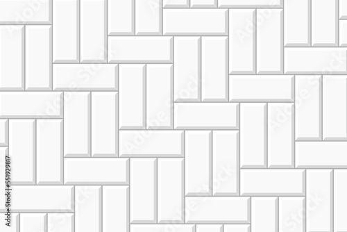 White basket weave tile mosaic pattern. Causeway layout. Bathroom, shower or toilet floor decoration. Kitchen backsplash texture. Stone or ceramic brick wall background. Vector flat illustration