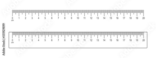 20 centimeters scale and ruler template isolated on white background. Math or geometric tool for distance, height or length measurement with markup and numbers. Vector outline illustration