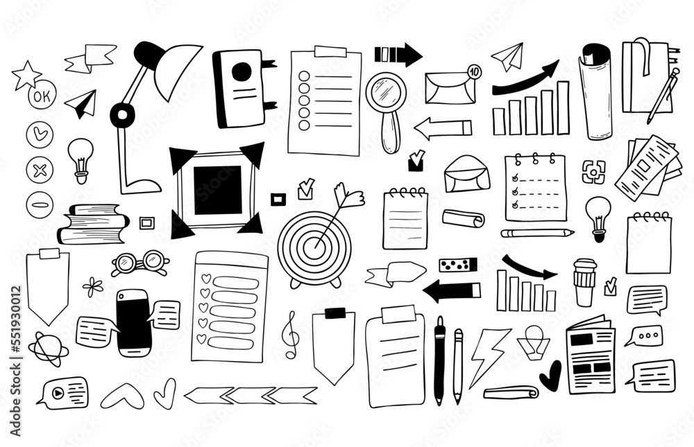 Big vector set financial and business icons. Paper documents, stationery, graph, infographics, target, online messages and communication, signs, arrows and success. Isolated linear hand doodles.