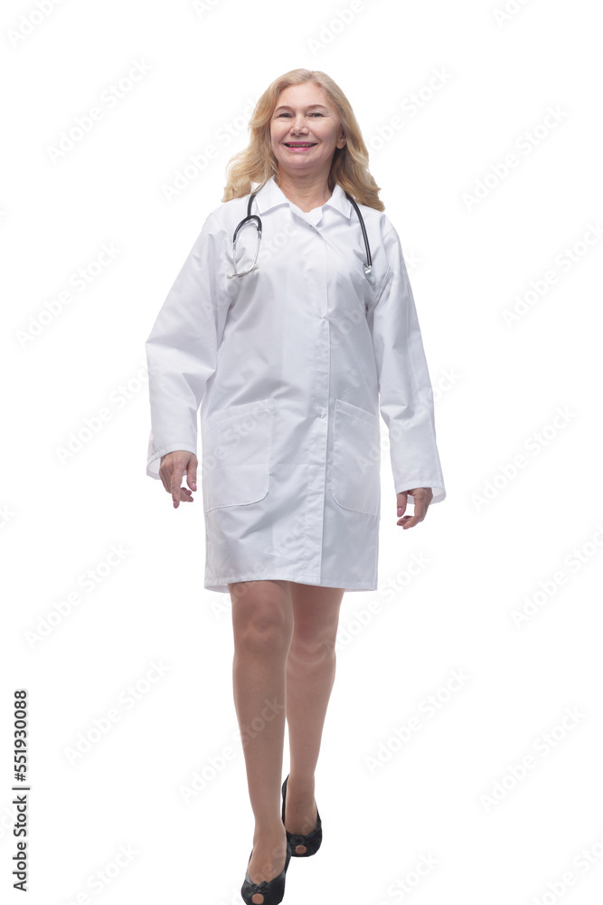 successful woman doctor stepping forward . isolated on white background. successful woman doctor stepping forward . isolated on white background.