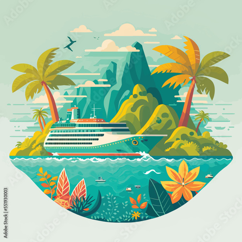 Cruise ship tropical island vacationing background. Luxury voyage cruises on a passenger ship vessel to amazing destinations. Marine relaxation holiday vacation, travel and adventure transport
