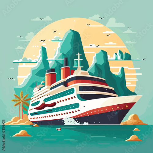 Cruise ship tropical island vacationing background. Luxury voyage cruises on a passenger ship vessel to amazing destinations. Marine relaxation holiday vacation, travel and adventure transport
