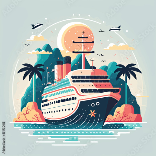 Cruise ship tropical island vacationing background. Luxury voyage cruises on a passenger ship vessel to amazing destinations. Marine relaxation holiday vacation, travel and adventure transport
