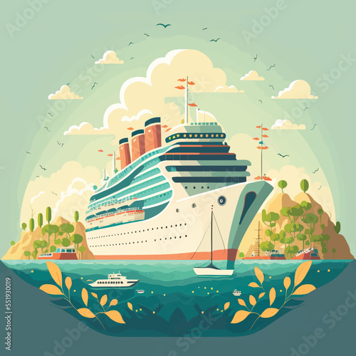 Cruise ship tropical island vacationing background. Luxury voyage cruises on a passenger ship vessel to amazing destinations. Marine relaxation holiday vacation, travel and adventure transport
