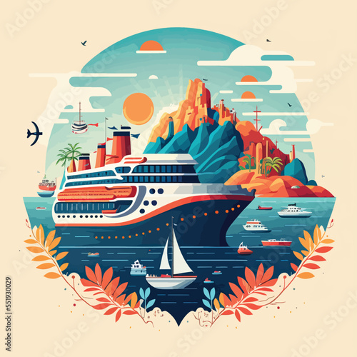 Cruise ship tropical island vacationing background. Luxury voyage cruises on a passenger ship vessel to amazing destinations. Marine relaxation holiday vacation, travel and adventure transport

