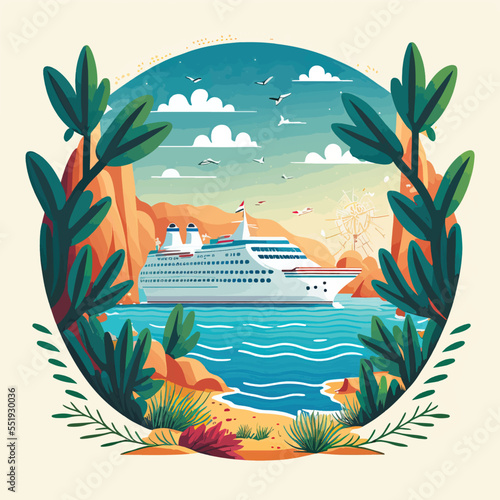 Cruise ship tropical island vacationing background. Luxury voyage cruises on a passenger ship vessel to amazing destinations. Marine relaxation holiday vacation, travel and adventure transport
