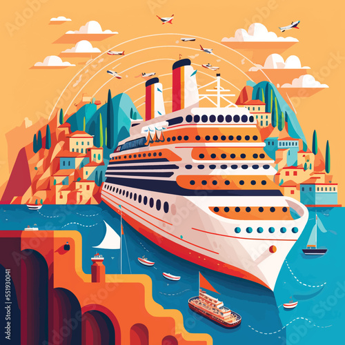 Cruise ship tropical island vacationing background. Luxury voyage cruises on a passenger ship vessel to amazing destinations. Marine relaxation holiday vacation, travel and adventure transport
