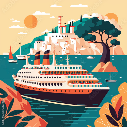 Cruise ship tropical island vacationing background. Luxury voyage cruises on a passenger ship vessel to amazing destinations. Marine relaxation holiday vacation, travel and adventure transport
