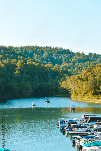 Boats sailing on the Tygart Lake Marina in West Virginia