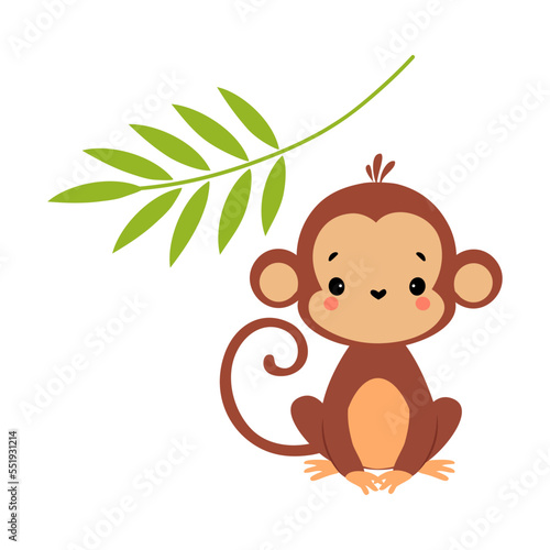 Cute Playful Monkey with Long Tail Sitting with Tree Branch Vector Illustration