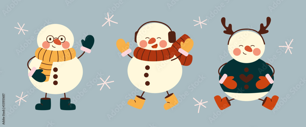Set of cute christmas snowmens in warm hats, scarves, mittens. Cheerful snowmen in different costumes with glasses, deer horns and legs in boots. Winter holidays snow men. Merry Xmas. Flat vector.