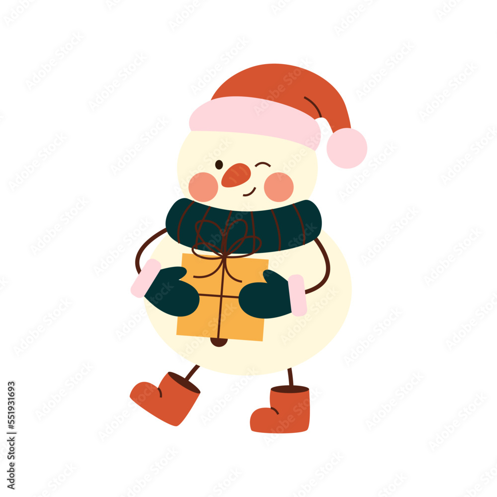 Cute christmas snowmen in warm scarve, mittens. Cheerful happy snowmen in costume and gift standing with legs in boots. Winter holidays snow men. Merry Xmas. Flat vector. Cute christmas snowmen in warm scarve, mittens. Cheerful happy snowmen in costume and gift standing with legs in boots. Winter holidays snow men. Merry Xmas. Flat vector.