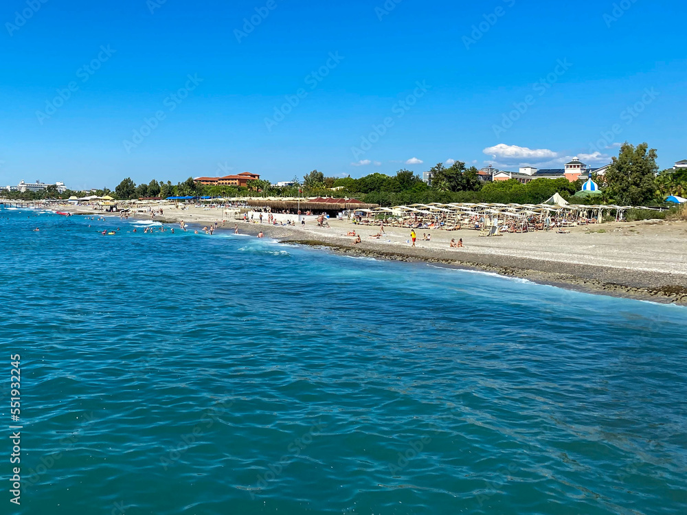 Sea coast and beach in Turkey on vacation in a heavenly warm eastern tropical country resort