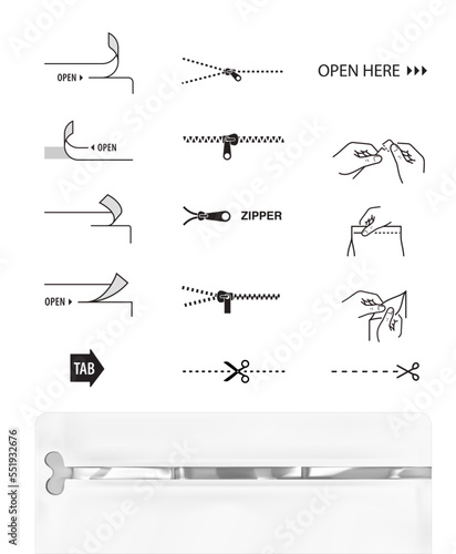 A set of icons for pouch bags. Set for packs, shows the place of opening. EPS10.	