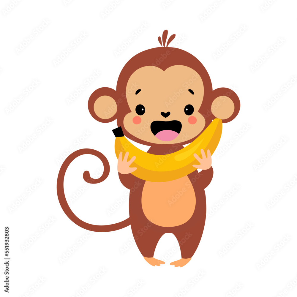 Cute Playful Monkey with Long Tail Holding Yellow Banana Vector Illustration Cute Playful Monkey with Long Tail Holding Yellow Banana Vector Illustration