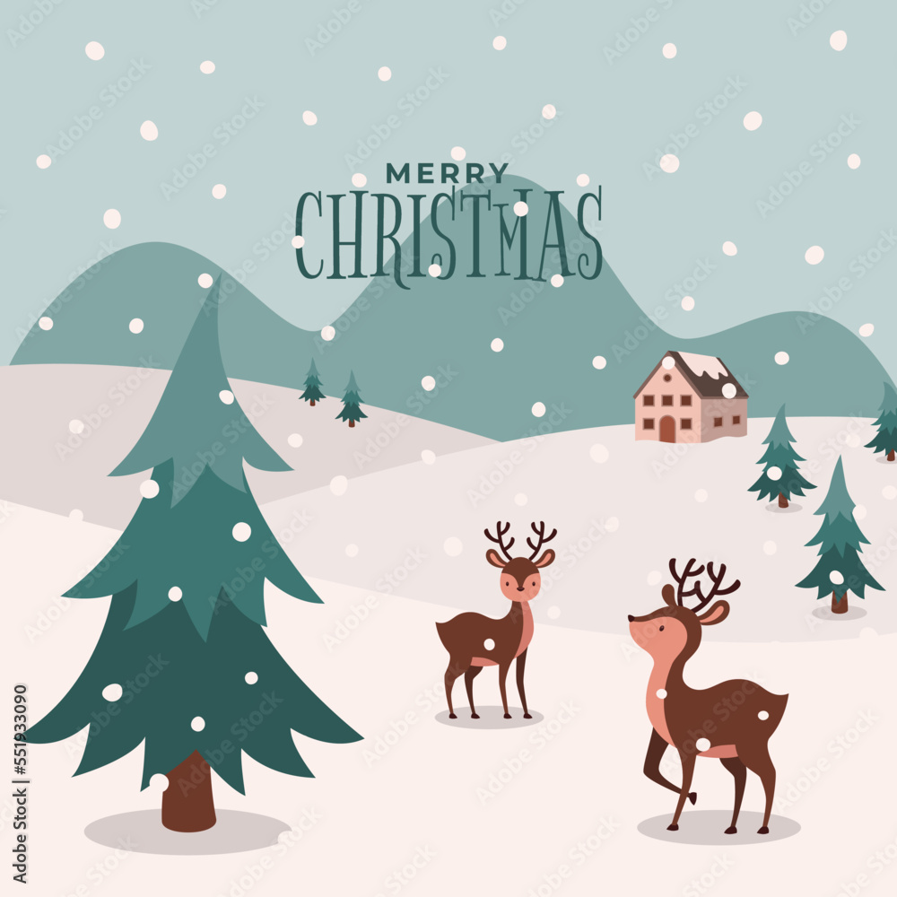 Cute reindeer Christmas greeting card. Christmas town Cute reindeer Christmas greeting card. Christmas town