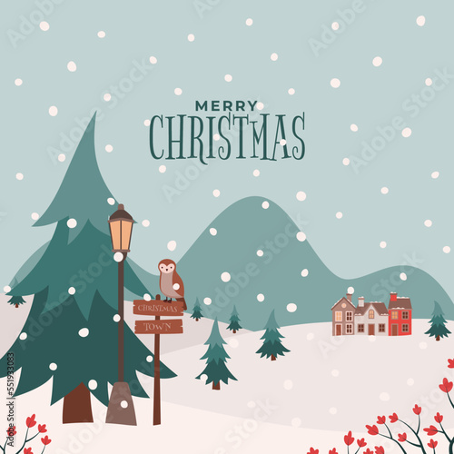 Cute owl Christmas greeting card. Christmas town