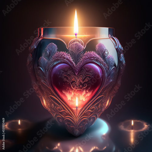 Romantic candle in heart shaped and heart decorated candle holder on black background