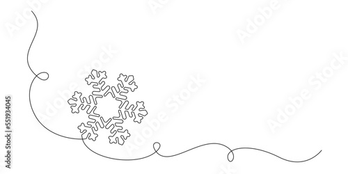 One continuous line drawing of christmas snowflake. Winter holidays and cold flake symbol in simple linear style. Holiday icon with empty space in editable stroke. Doodle vector illustration