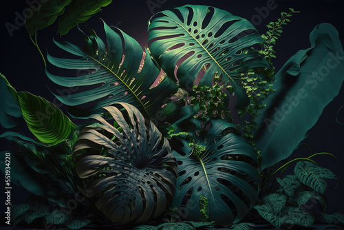 Dark green tropical leaves on black background, leaves composition, floral background, manstera, palm leaves. AI