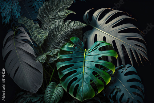 Dark green tropical leaves on black background, leaves composition, floral background, manstera, palm leaves. AI photo