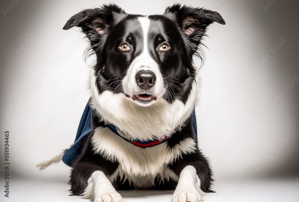 Border Collie dog dressed as a superhero in a humorous photograph on a white backdrop. Generative AI