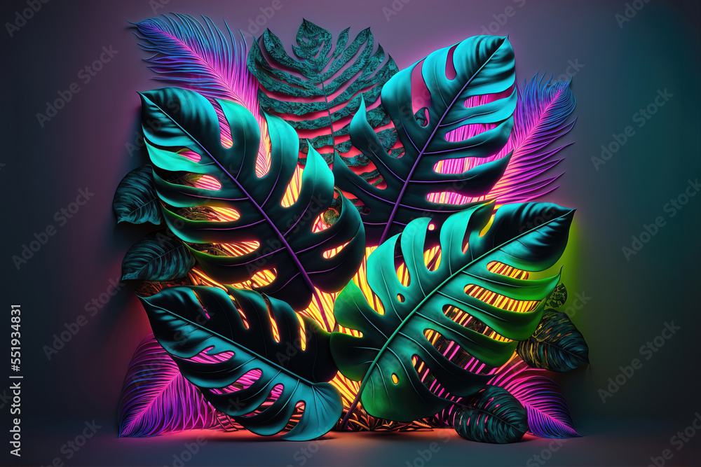 Dark green tropical leaves colorful neon light, backlight, leaves composition, plant background, manstera, palm leaves. AI - obrazy, fototapety, plakaty 
