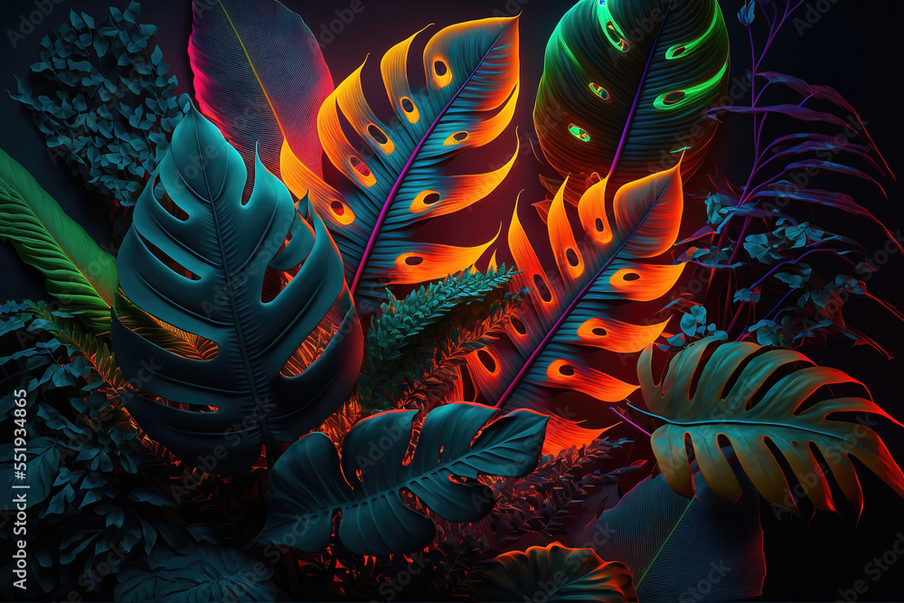 Dark green tropical leaves colorful neon light, backlight, leaves