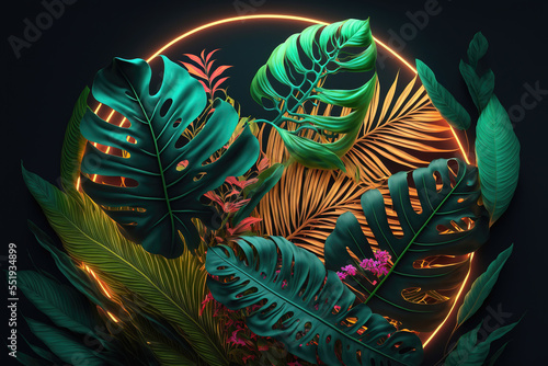 Dark green tropical leaves colorful neon light, backlight, leaves composition, plant background, manstera, palm leaves. AI photo