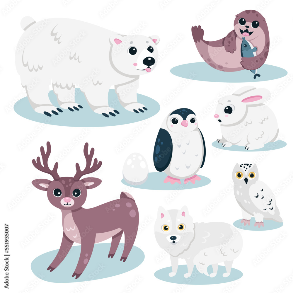 Obraz premium Vector set cartoon isolated cute baby animal characters with funny polar bear, happy walrus with fish and penguin, white fox. Wild animals and birds of North, nature of Arctic and Antarctic