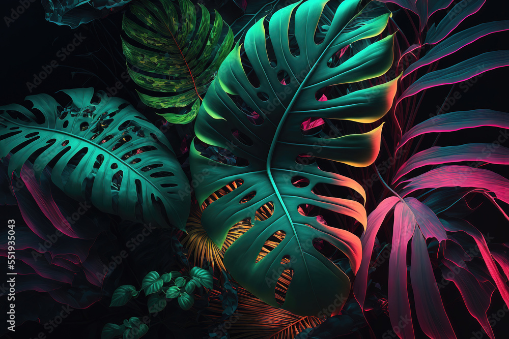 Dark green tropical leaves colorful neon light backlight leaves
