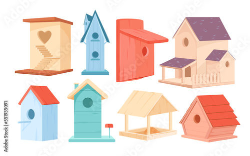 Bird houses set vector illustration. Cartoon cute colorful birdhouses collection, wooden box with heart hole, spring or summer homemade nest on garden tree, feeder with seeds and home for animals © Natalia