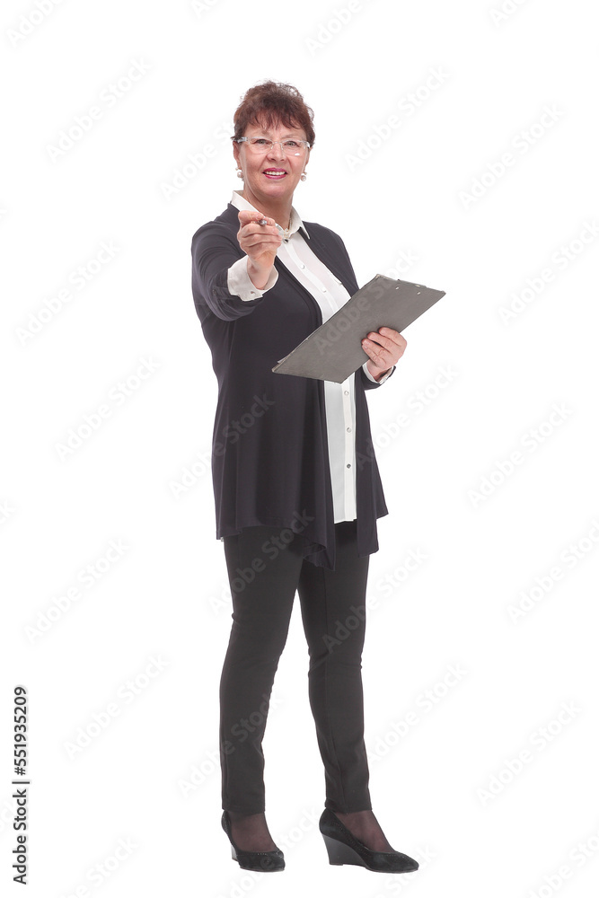 Side view of senior woman in glasses holding clipboard with paper sheet and making notes. Side view of senior woman in glasses holding clipboard with paper sheet and making notes.