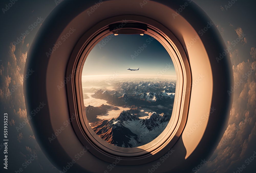 Beautiful view from the interior of an airplane window with mountains and a hazy sky. Generative AI