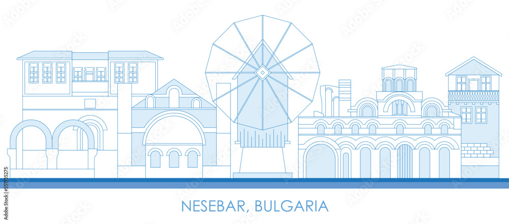 Outline Skyline panorama of town of Nessebar, Bulgaria - vector illustration