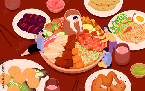 Cooking hotpot dish vector illustration. Cartoon tiny happy family people gathering together and cooking delicious hot feast meal in pot on table, cute characters cook gourmet spicy meat and vegetable