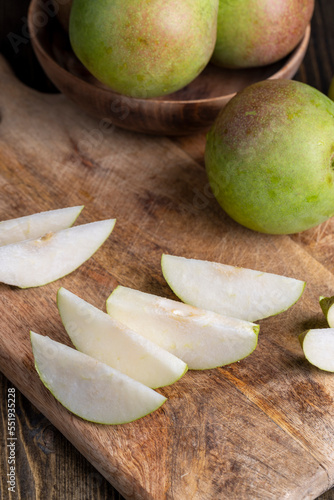 Sliced ripe green pear, close up
