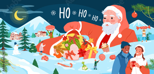 Merry Christmas and Happy New Year banner vector illustration. Cartoon tiny people open presents and surprise gifts from bag of Santa Claus in magic landscape, characters with candy and hot drink