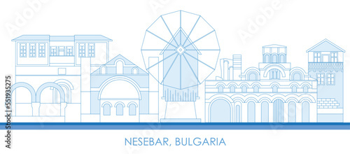 Outline Skyline panorama of town of Nessebar, Bulgaria - vector illustration