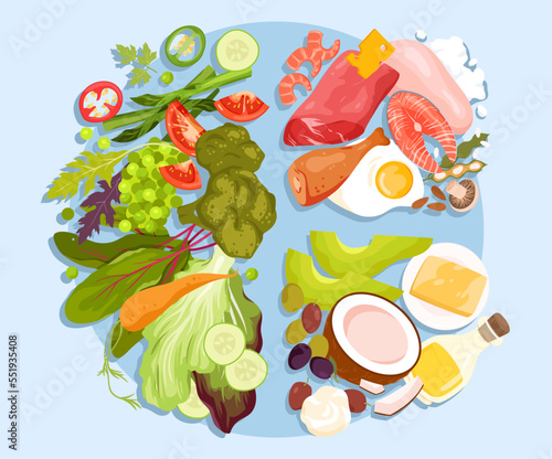 Cartoon isolated low carbohydrate diet diagram, infographic portion chart with information about nutrition proportions for weight loss. Healthy plate, food balance, dietary advices vector illustration