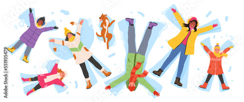 People make snow angels, view from above vector illustration. Cartoon friends and family characters making wings in snow, cheerful woman and man, kids and dog lie in frozen snowdrifts outside