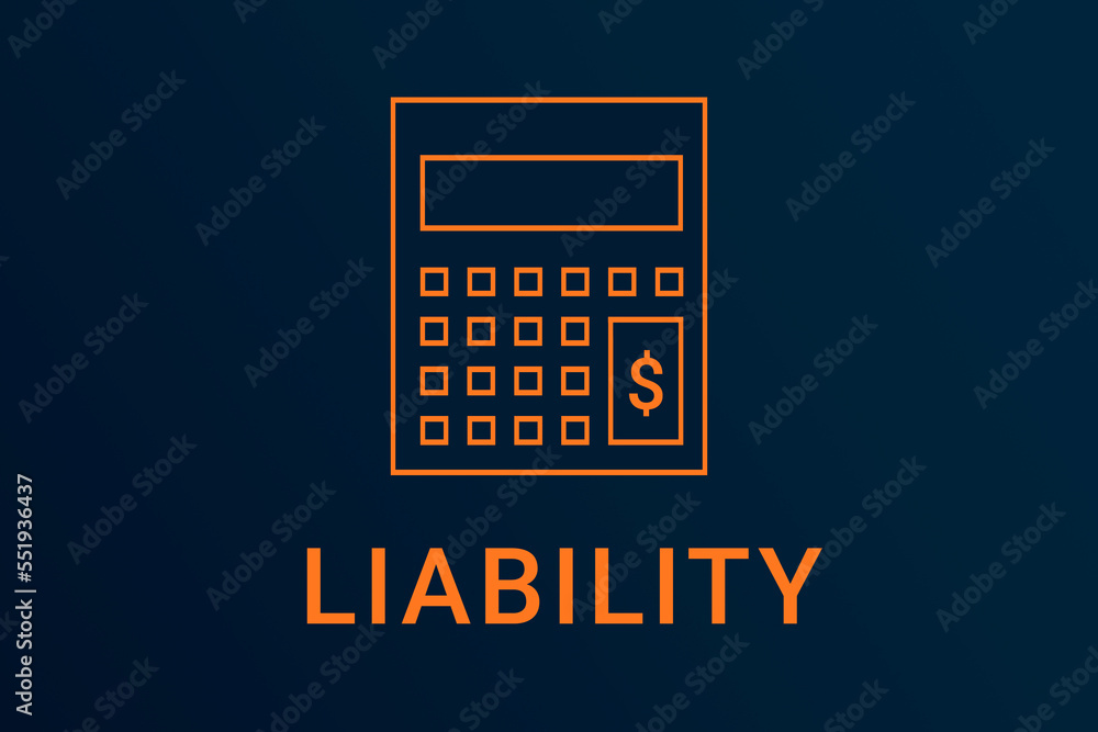 liability text. Calculator symbolizes economy. liability logo on dark background. Illustration liability . Financial screensaver. Minimalist orange calculator liability text. Calculator symbolizes economy. liability logo on dark background. Illustration liability . Financial screensaver. Minimalist orange calculator
