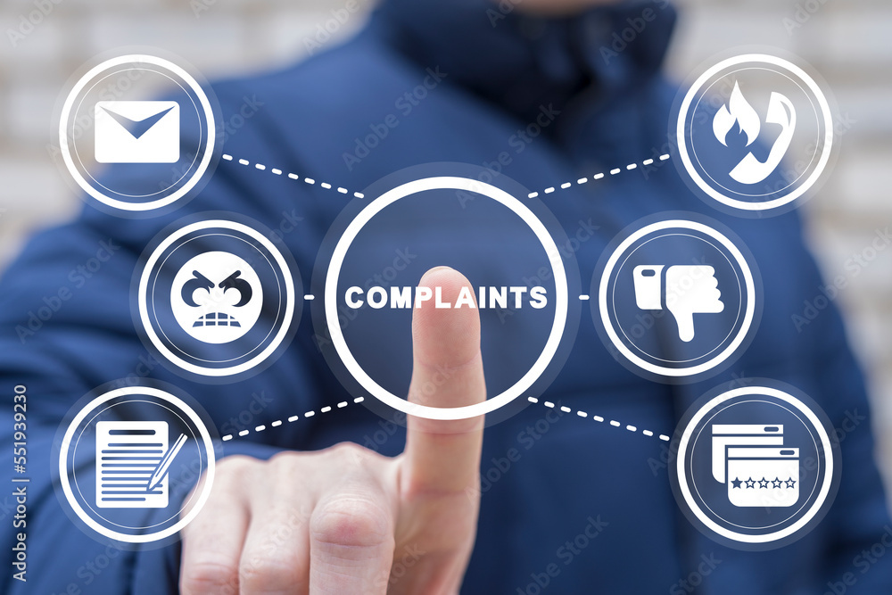 Man using virtual touchscreen clicks word: complaints. Concept of complaints. Customer complaint, dissatisfaction from product or service problem, angry feedback from client. Complain on everything. Man using virtual touchscreen clicks word: complaints. Concept of complaints. Customer complaint, dissatisfaction from product or service problem, angry feedback from client. Complain on everything.