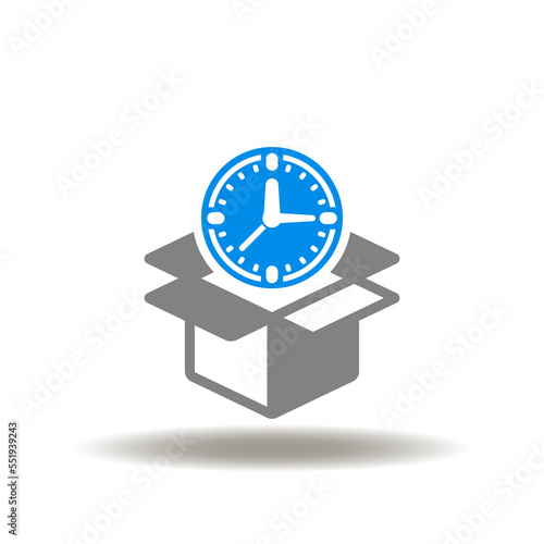 Vector illustration of open box, cardboard with clock. Icon of time box. Symbol of timebox. Sign of delivery package management.