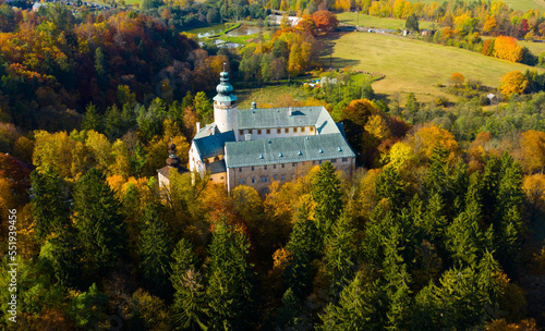 View from drone of impressive medieval Lemberk castle in center of Lusatian Mountains on sunny autumn day, Liberec Region, Czech Republic..