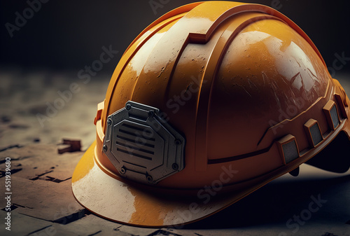 construction helmet at close up, high angle shot. Generative AI