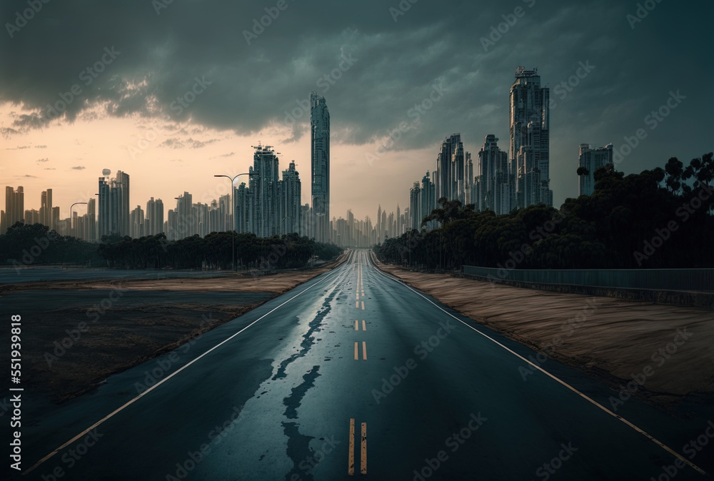 a deserted roadway with the skyline and cityscape of Shenzhen, China. Generative AI