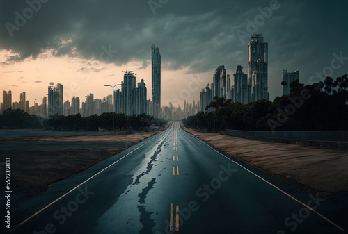 a deserted roadway with the skyline and cityscape of Shenzhen, China. Generative AI